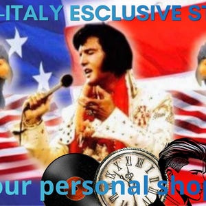 May include: Image featuring Elvis Presley singing with an American flag backdrop and eagle graphics. Includes a vinyl record, a clock, and a stylized profile. Text reads "ESPD-ITALY ESCLUSIVE STORE" and "Your personal shop".