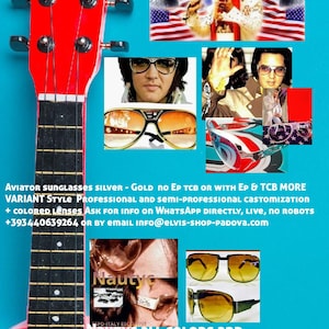 May include: A red ukulele with black frets is featured in the foreground. The background includes images of Elvis Presley, American flags, and various styles of aviator sunglasses. Text on the image advertises sunglasses.