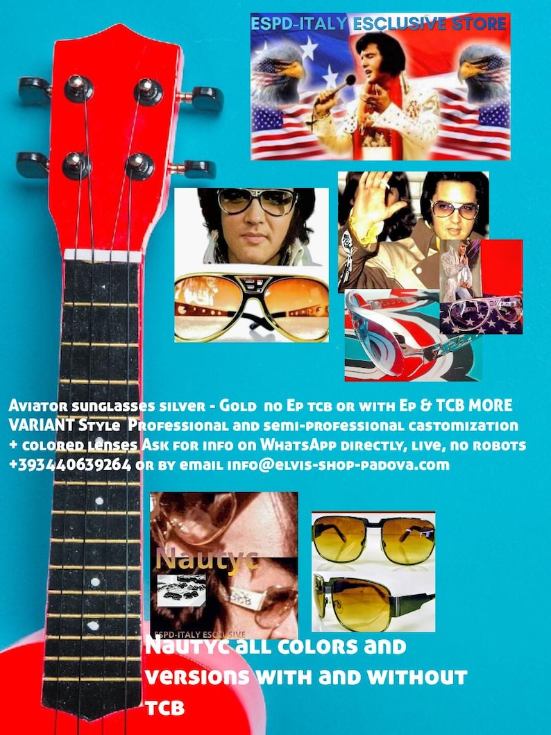 May include: A red ukulele with black frets is featured in the foreground. The background includes images of Elvis Presley, American flags, and various styles of aviator sunglasses. Text on the image advertises sunglasses.