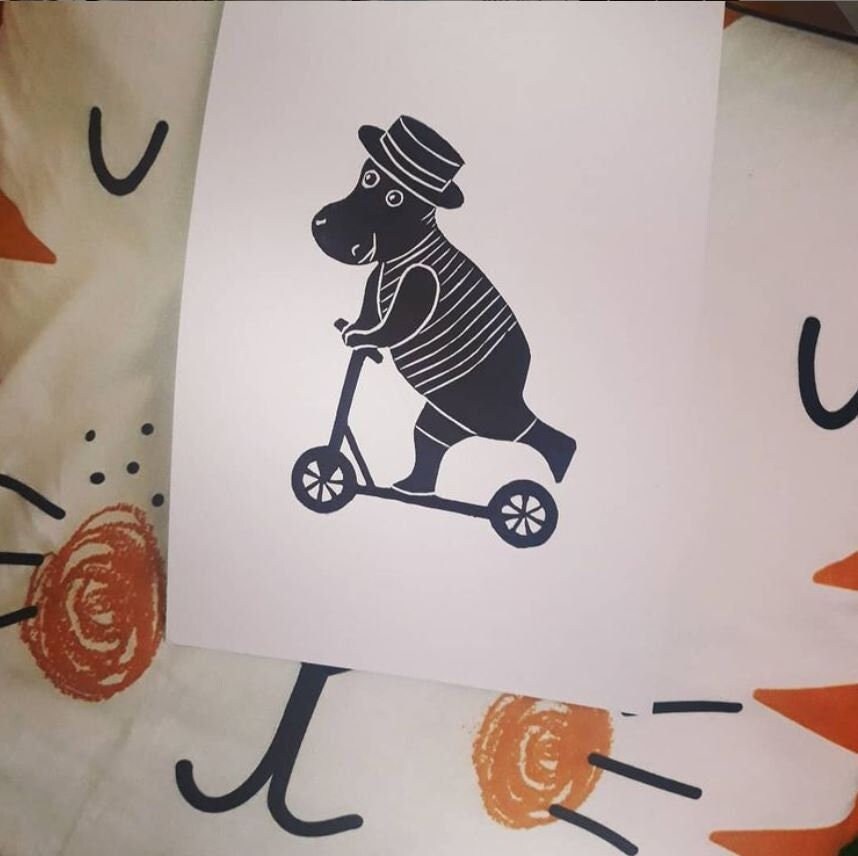 Linogravure Hippo Rétro