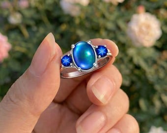 Mood stone oval cabochon ring, 925 Sterling Silver,ring in color changing mood ring ,waterproof stone Jewelry  Ring For Women/Gift For Her
