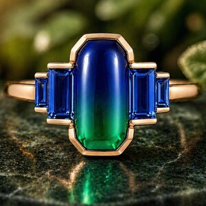 Anello con pietra che cambia colore a seconda dell'umore, anello vistoso con cabochon a baguette, anello Art Déco con pietre laterali a baguette, gioiello placcato oro, regalo per lei - donna