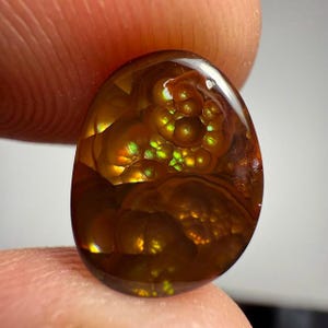 Puede incluir: Una gema pulida, de forma ovalada, con un tono marrón ámbar cálido. La piedra presenta intrincados patrones internos con toques de verde y amarillo, creando una apariencia única y orgánica. La gema se sostiene entre los dedos.