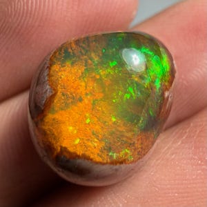 Puede incluir: Una piedra preciosa de ópalo pulido con una vibrante exhibición de colores. La piedra presenta una mezcla de tonos naranja, verde y marrón, con una superficie brillante. El ópalo tiene forma ovalada y parece estar sostenido en una mano.