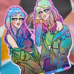 Pegatina holográfica de Ulzzang para computadora portátil, regalo Bestie, lindas calcomanías de vinilo impermeables, pegatina de arte ilustrado, regalo bff