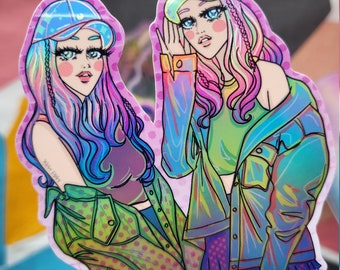 Holographic Ulzzang Mädchen Laptop Sticker, Bestie Geschenk, Süße Wasserfeste Vinyl Aufkleber Aufkleber, Illustrierte Kunst Sticker, bff Geschenk