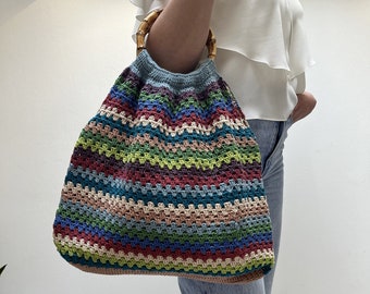 Granny stripes shopping bag, crochet bag pattern, granny bag pattern with bamboo handles