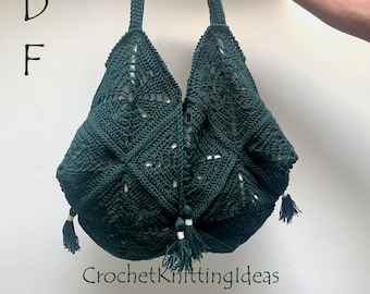 May include: A dark teal crochet bag with a diamond pattern and tassel accents. The bag has two handles and is held up by a hand. The text "PDF" is written vertically on the left side, and "CrochetKnittingIdeas" is written at the bottom.