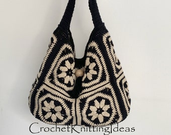 Cream & Black granny square tote bag, crochet bag pattern, instant download, crochet ideas, easy crochet pattern, DIY crochet bag