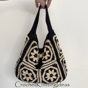 Cream & Black granny square tote bag, crochet bag pattern, instant download, crochet ideas, easy crochet pattern, DIY crochet bag