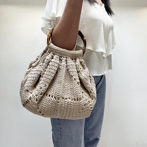 Patroon gehaakte oma-tas, portemonnee met handvat van bamboe, katoenen tas pdf