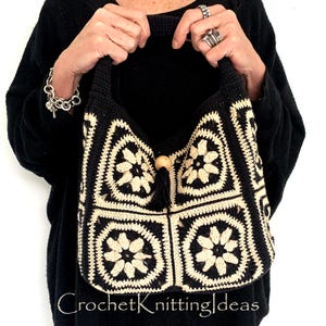 Granny Square Crochet Tote Bag Pattern: Cream & Black (Instant Download) image 1