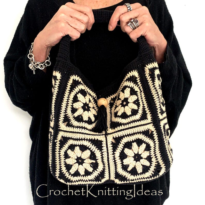 Granny Square Crochet Tote Bag Pattern: Cream & Black (Instant Download) image 1