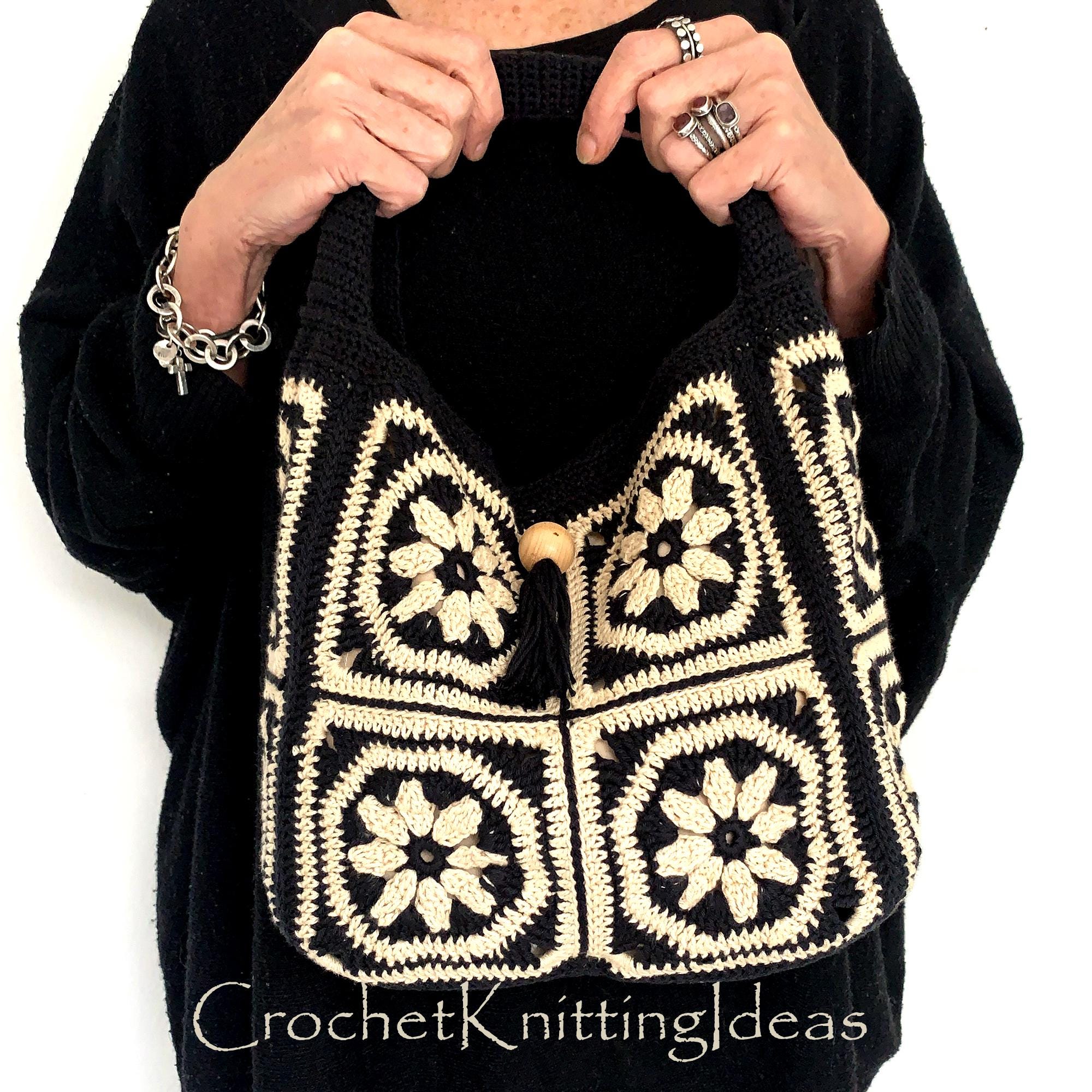 33 Crochet Purses and Bags To Make at Home: Fresh Patterns for Everyday Carryalls 28 Granny Square Crochet Tote Bag Pattern: Cream & Black