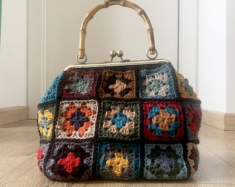 Patrón bolso abuela a crochet, bolso bolso de lana, ideas a crochet, marco click clack con asa de bambú, bolso a crochet DIY