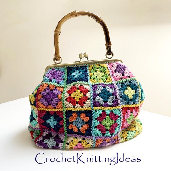 Granny Square Crochet Bag Pattern, Frame Purse With Bamboo Handle