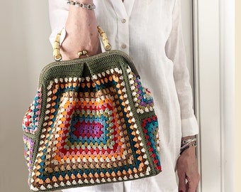 Grand sac fourre-tout grand-mère, sac carré grand-mère, comment faire son sac, modèle au crochet, sac au crochet, cadre en métal et poignée en bambou, téléchargement immédiat