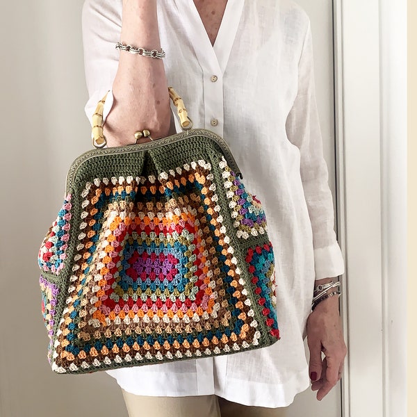 Bolso tote grande para abuela, bolso cuadrado para abuela, como hacer tu bolso, patrón de crochet, bolso de crochet, estructura de metal y asa de bambú, descarga instantánea