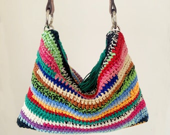 Scrap Yarn Bag Pattern, Striped Crochet Purse, Colorful Leftover Bag, Leather Handle PDF