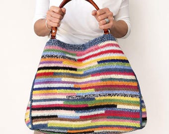Striped Crochet Bag Pattern, Multicolored Scraps Handbag PDF