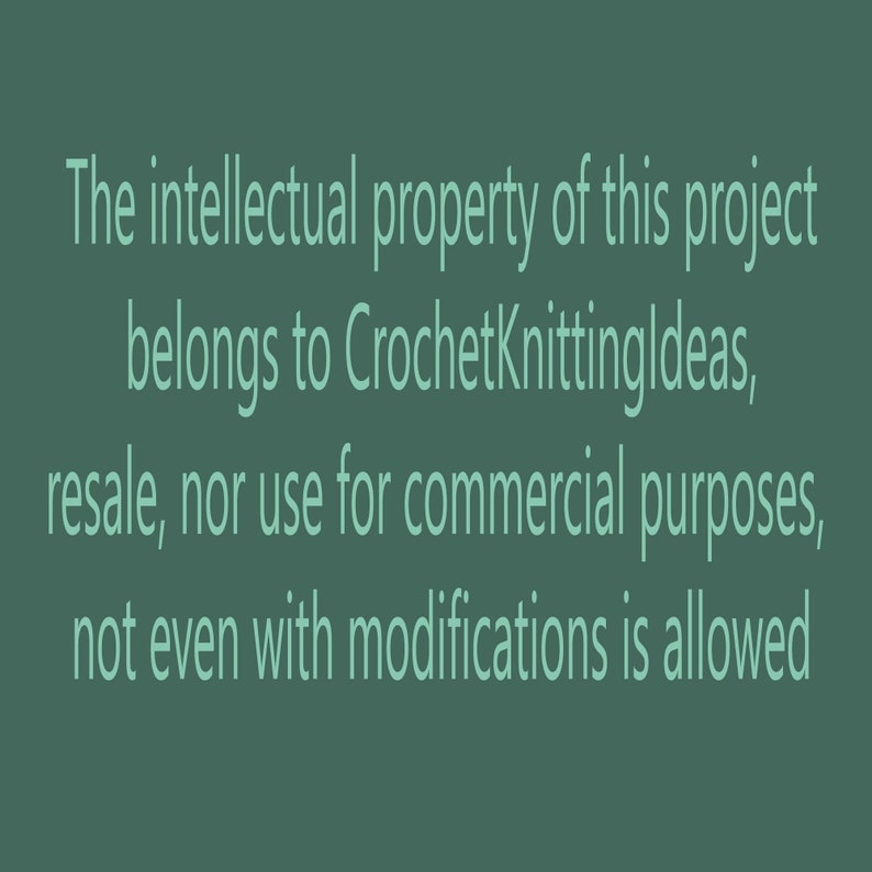 Może przedstawiać: Tekst na turkusowym tle: "Własność intelektualna tego projektu należy do CrochetKnittingIdeas, odsprzedaż, ani wykorzystanie do cel&oacute;w komercyjnych, nawet z modyfikacjami, jest niedozwolone."
