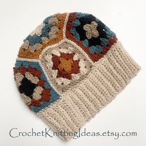Patrón gorro de lana cuadrado abuela, patrón de gorro de crochet, gorro de lana a crochet, gorro cuadrado de abuela, patrón de crochet PDF, gorro de crochet mujer