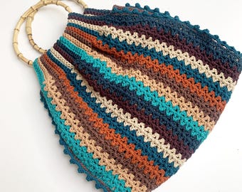 V-Stitch Crochet Bag Pattern, Striped Bag with Bamboo Handles PDF