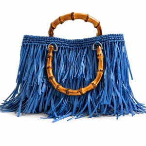 Crochet Tote Bag Pattern PDF | Blue Raffia Fringe Bag with Bamboo Handles | Advanced Beginner Crochet | Instant Download | Noa Bag