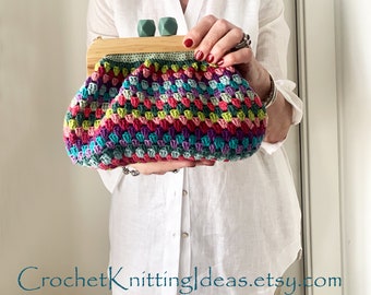 Granny Rows Clutch Crochet Pattern, Wooden Frame Bag PDF