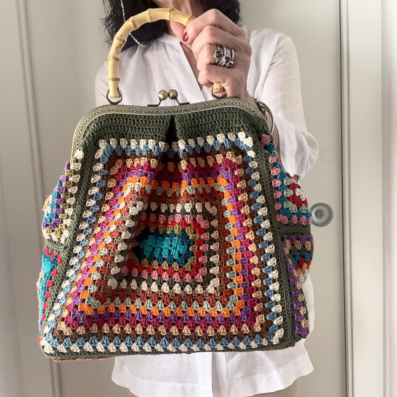 Bolso tote grande para abuela, bolso cuadrado para abuela, como hacer tu bolso, patrón de crochet, bolso de crochet, estructura de metal y asa de bambú, descarga instantánea imagen 5