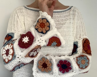 Granny square "african flower" sweater, crochet pattern, sweater pattern women, DIY sweater, instant download files, crochet pdf