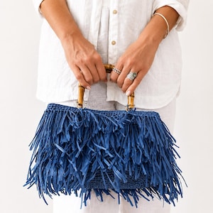 Crochet Tote Bag Pattern PDF | Blue Raffia Fringe Bag with Bamboo Handles | Advanced Beginner Crochet | Instant Download | Noa Bag