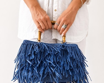 Crochet Tote Bag Pattern PDF | Blue Raffia Fringe Bag with Bamboo Handles | Advanced Beginner Crochet | Instant Download | Noa Bag