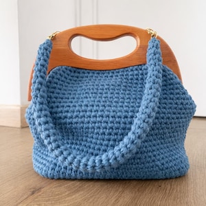 Patrón de bolso de crochet, bolso con marco de madera (PDF), bolso de hilo con cinta, azul acero