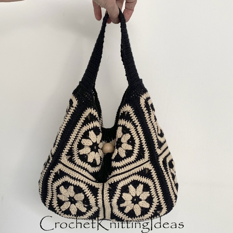 Cream & Black granny square tote bag, crochet bag pattern, instant download, crochet ideas, easy crochet pattern, DIY crochet bag image 1