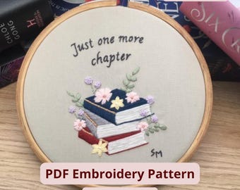 Patrón de bordado para amantes de los libros en PDF / Diseño con cita "Solo un capítulo más" / Bordado literario para una lectura acogedora / Ideal para principiantes