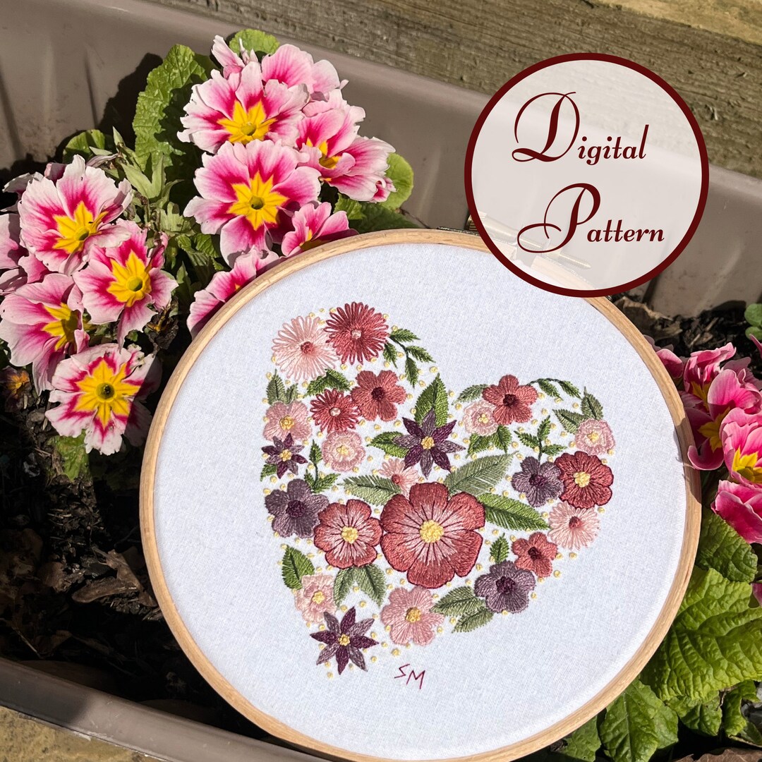 Floral Heart Hand Embroidery Hoop Art Pattern (PDF Download) - Etsy