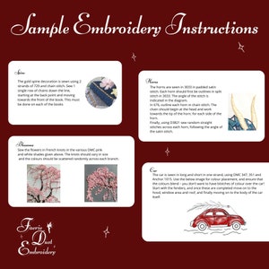 Puede incluir: Instrucciones de bordado para un coche, cuernos, flores y una columna vertebral. Las instrucciones incluyen colores de hilo DMC y tipos de puntadas. La imagen muestra un coche rojo, un par de cuernos, una rama de flores rosas y una columna vertebral azul.
