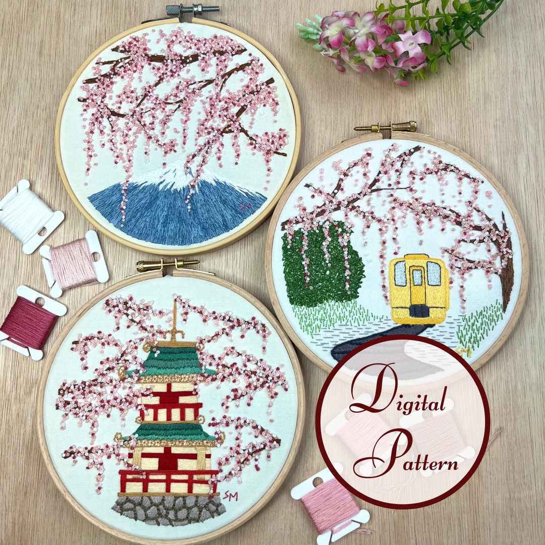 Sakura Trio || Cherry Blossom || Hand Embroidery Hoop Art PDF