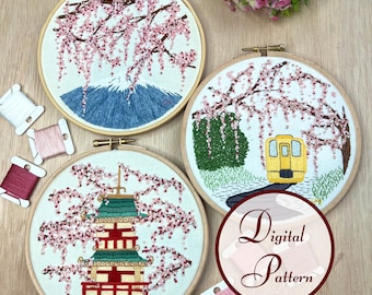 Trío Sakura // Flor de cerezo // Patrón PDF de bordado a mano con instrucciones // Descarga digital