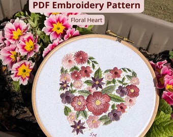 Patrón de bordado de corazón floral en PDF / Diseño botánico de corazón floral / Decoración estilo cottagecore / Ideal para principiantes