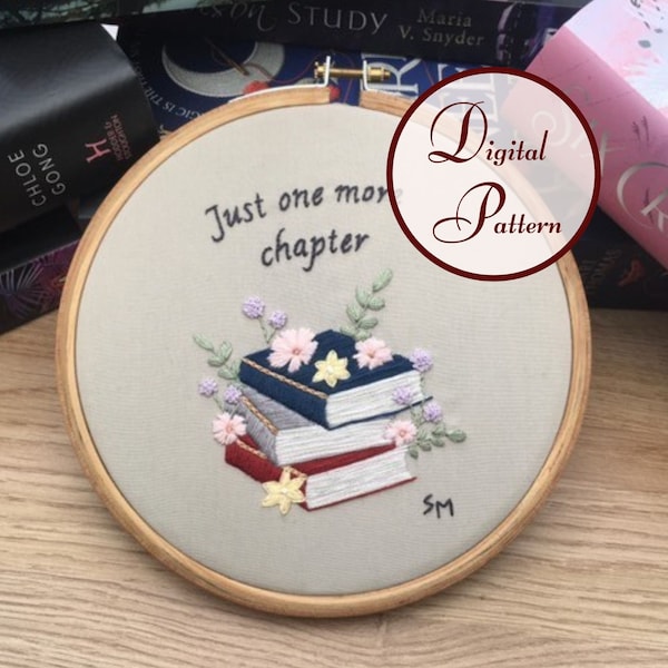 Stack of Books || One More Chapter || Hand Embroidery Hoop Art || Full Embroidery PDF Pattern with instructions || Digital Download