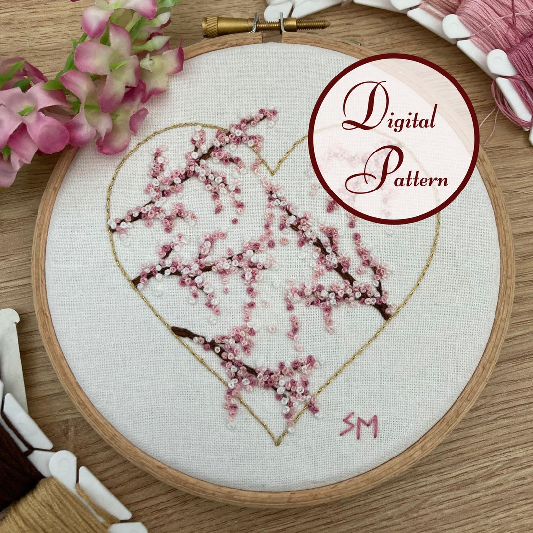 Sakura's Heart Cherry Blossom Hand Embroidery Hoop Art Full Embroidery