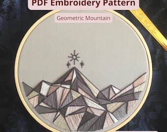 Patrón de bordado geométrico de montaña en PDF / Diseño de paisaje celestial / Bordado para amantes de los libros / Bordado a mano apto para principiantes
