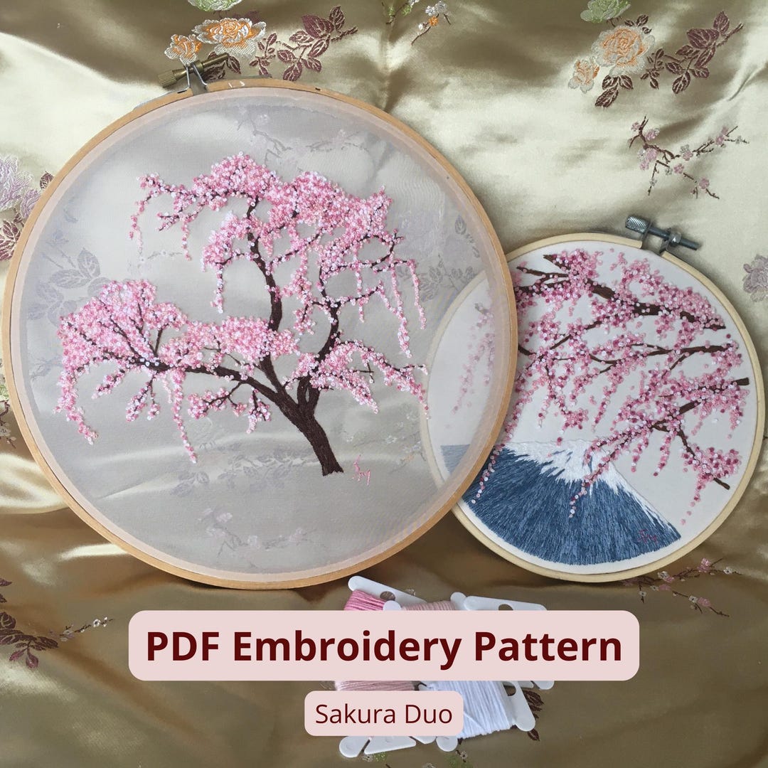 Cherry Blossom Embroidery Pattern PDF Bundle | Sakura Landscape Duo ...