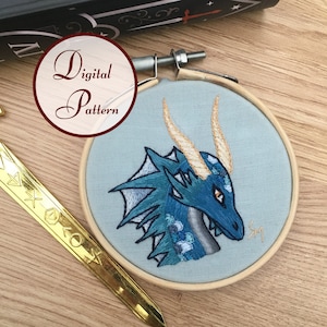 Sapphire Dragon || Hand Embroidery Hoop Art PDF Pattern with Instructions || Digital Download
