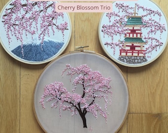 Pacchetto di modelli PDF per ricamo di fiori di ciliegio / Trio di disegni Sakura per telaio / Ricamo a mano di ispirazione giapponese / Istruzioni complete