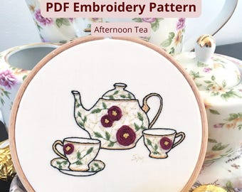 Patrón de bordado a mano en PDF: Té de la tarde / Diseño floral de tetera / Bordado estilo cottagecore / Apto para principiantes