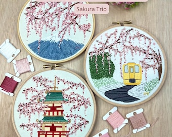 Pacchetto di modelli PDF per ricamo di fiori di ciliegio / Trio di paesaggi Sakura / Ricamo a mano di ispirazione giapponese / Istruzioni complete
