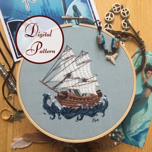 The Siren&#39;s Heart Pirate Ship || Hand Embroidery Hoop Art PDF Pattern with Instructions || Digital Download || Intermediate Embroidery